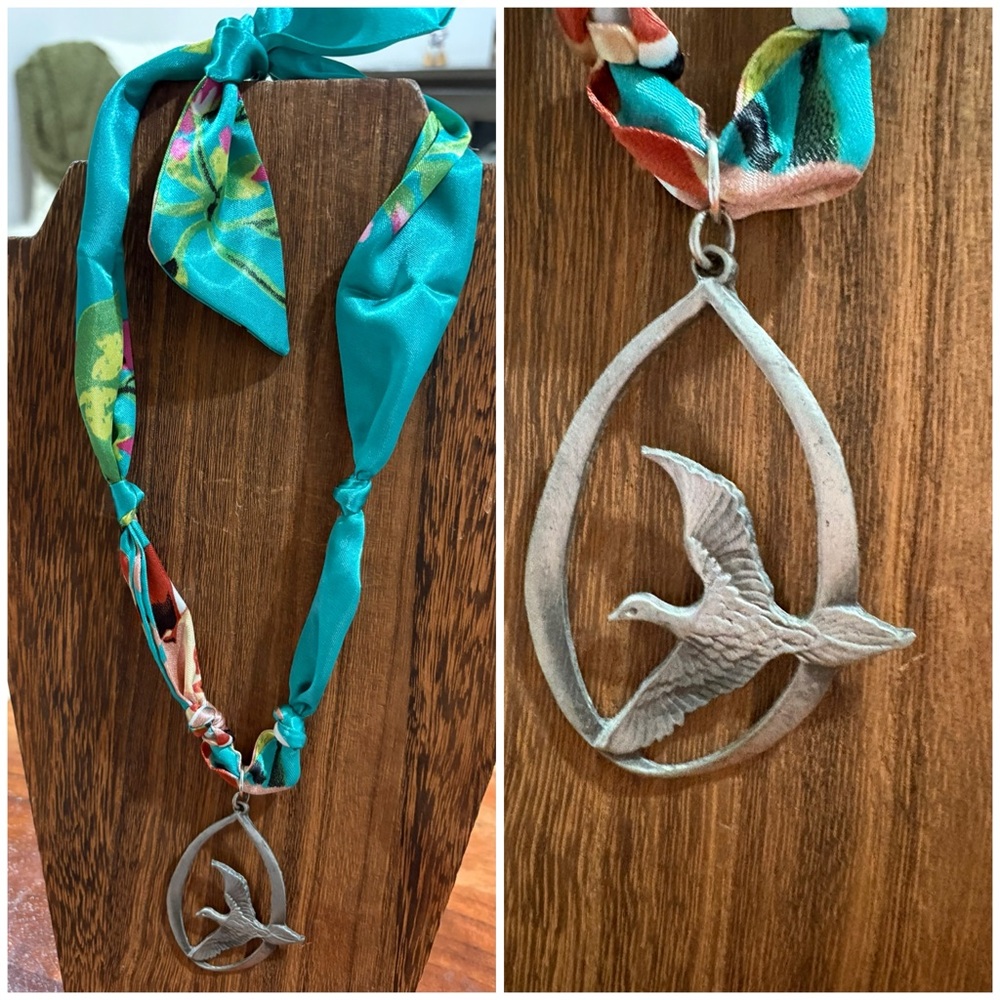 Handmade Silver Bird Pendant on Teal silky Scarf Necklace